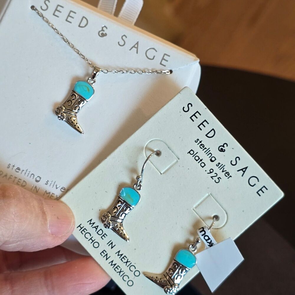 Seed and Sage Earrings - Necklace set 925 Mexican sterling silver boots cowgirl